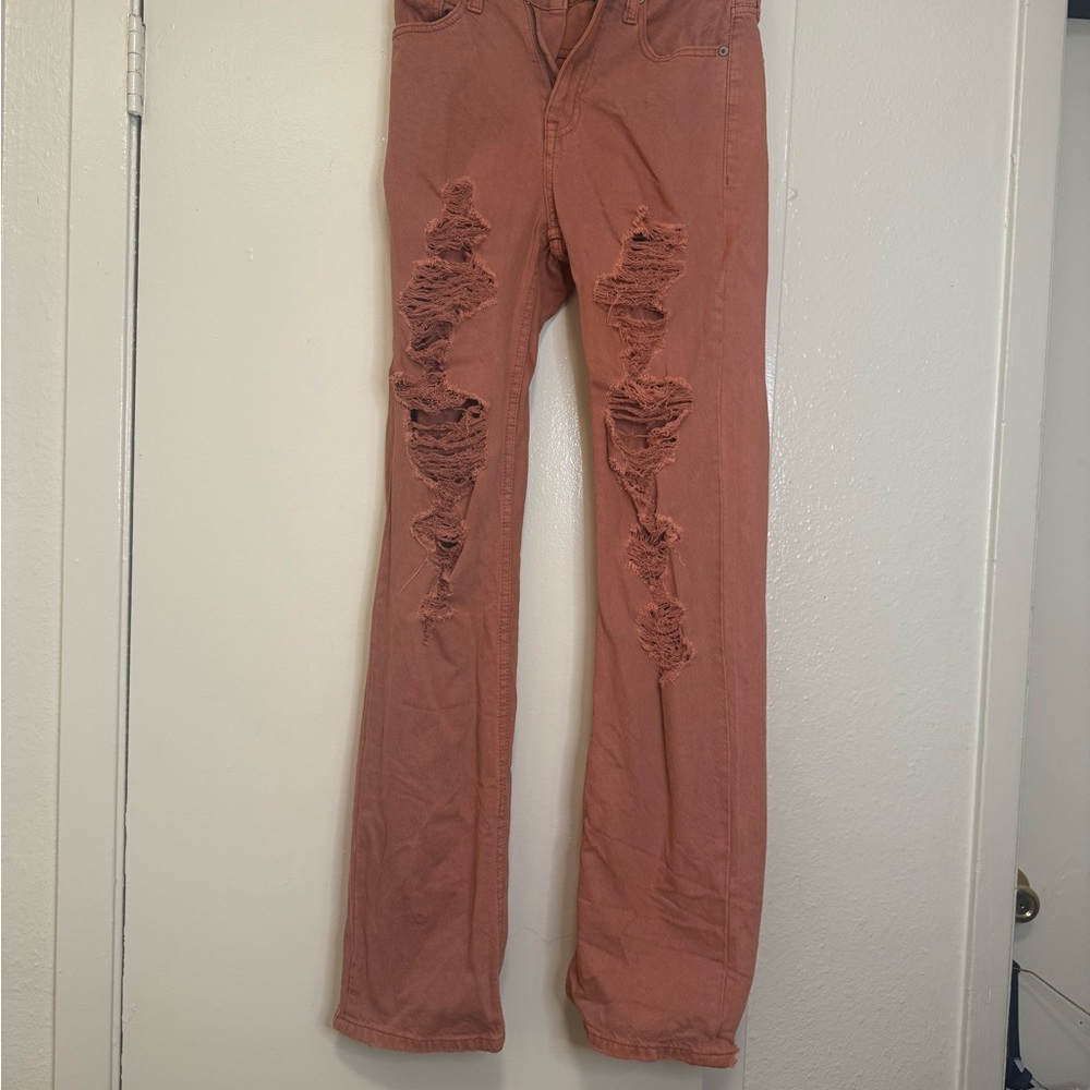 Aeropostale Pink Straight Leg Jeans with Distressed Details